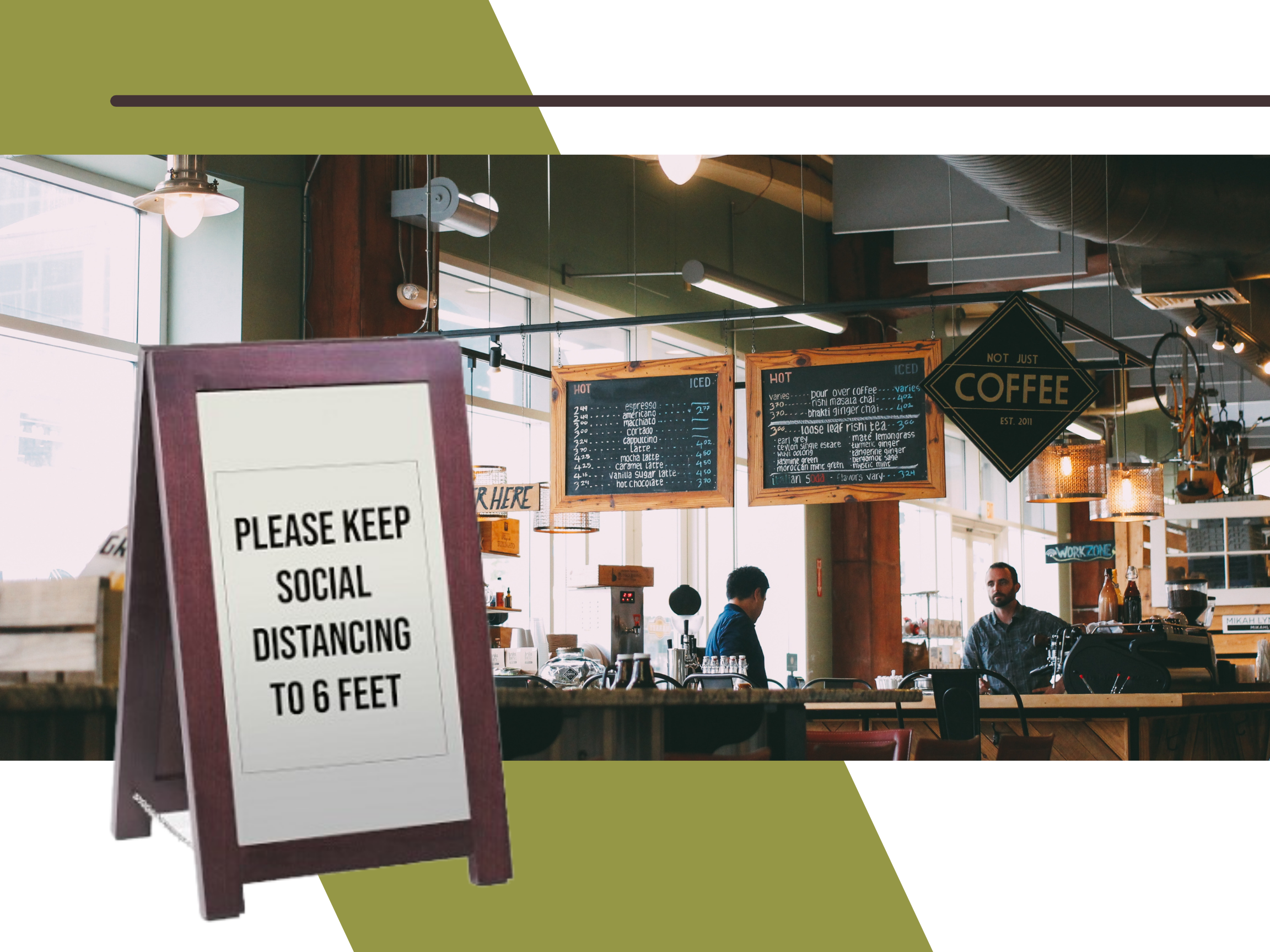 A Social Distancing free standing sandwich board sign overlaid atop a photo of a coffee shop.